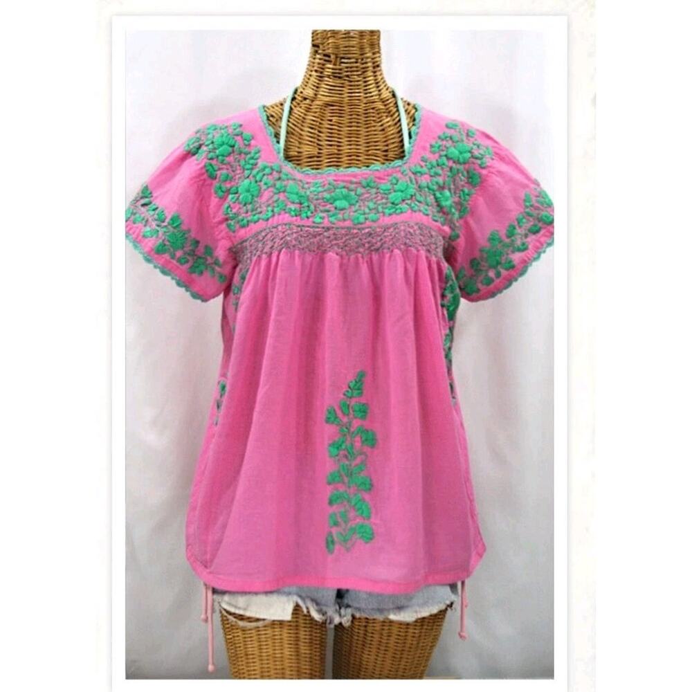 Siren Hand Crocheted Embroidered La Marina Corta Peasant Pink/Teal Sz M Cotton